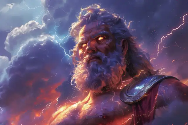 Gniewny Zeus, władca piorunów, którego oczy płoną, gdy rozważa, kto zabił dzieci Niobe.