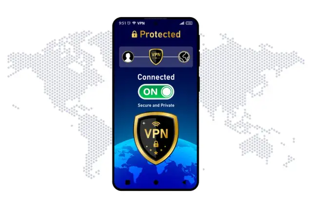 Ekran telefonu z aplikacją VPN włączoną, pokazującą status "Connected" i tarczę z napisem VPN.