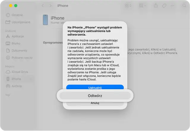 Komunikat o błędzie na iPhonie, sugerujący uaktualnienie lub odtworzenie. Możliwe rozwiązanie problemu to reset iPhone'a.