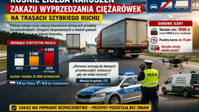 Policjant z radarem i dronem kontroluje ruch ciężarówek na autostradzie.