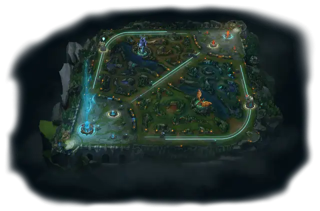 Mapa gry League of Legends z widocznymi ścieżkami, wieżami i bazami.