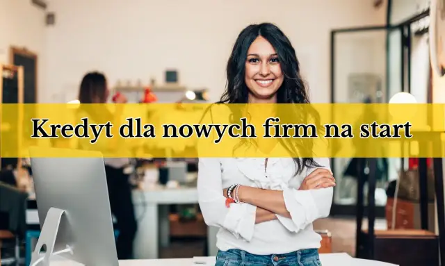 Uśmiechnięta kobieta w biurze, z rękami skrzyżowanymi na piersi. Nad nią żółty pas z napisem: "Kredyt dla nowych firm na start".