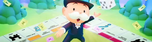 Pan Monopoly zaprasza do gry, gdzie czekają darmowe spiny Monopoly Go! W tle zielone drzewa i kostki.