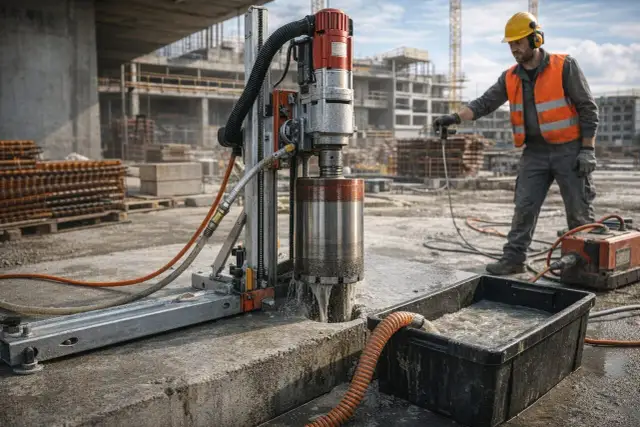 Robot budowlany wykonuje wiercenie dużych otworów w ścianie. Woda chłodzi wiertło i odprowadzana jest do pojemnika.