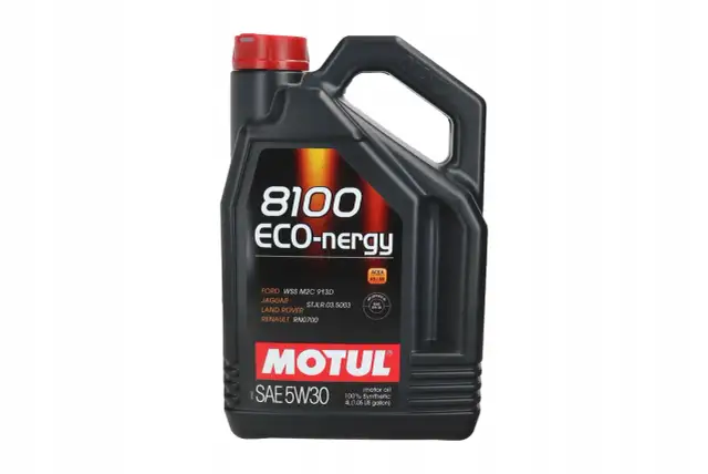 Czarna bańka oleju silnikowego Motul 8100 ECO-nergy SAE 5W-30 z czerwonym korkiem.