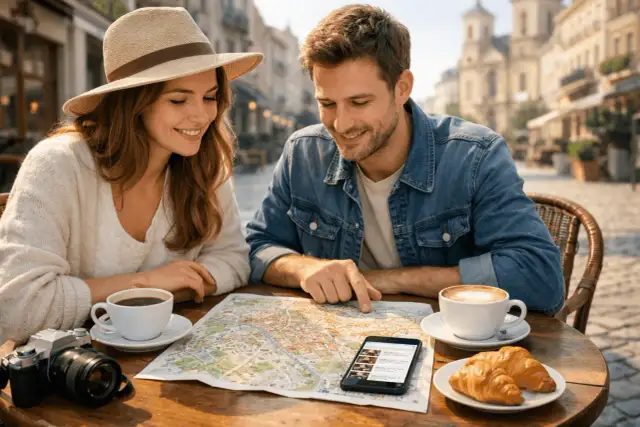 Para planuje weekendowy city break, studiując mapę i telefon przy kawie i croissantach.