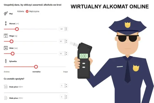 Grafika przedstawia wirtualny alkomat online z policjantem i polami do wprowadzania danych.