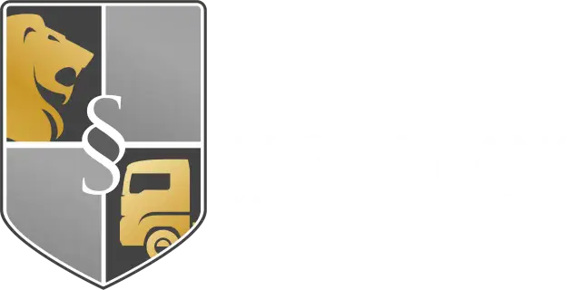 Logo z lwem, paragrafem i ciężarówką. Napis "LEGALTRANS KANCELARIA TRANSPORTOWA".