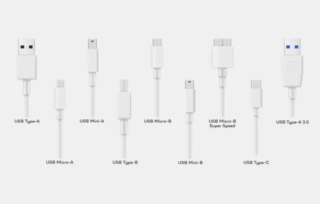 Zestaw białych kabli USB: USB Type-A, Mini-A, Micro-B, Micro-B Super Speed, Type-A 3.0, Micro-A, Type-B, Mini-B, Type-C.