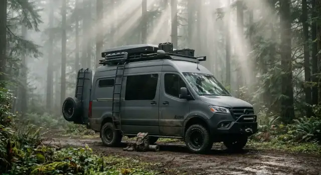 Szary bus z napędem 4x4, gotowy na przygodę w lesie. Na dachu bagażnik z wyposażeniem, z boku drabinka i koło zapasowe.