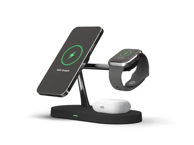 Ładowarka indukcyjna z iPhonem, zegarkiem Apple Watch i etui AirPods.