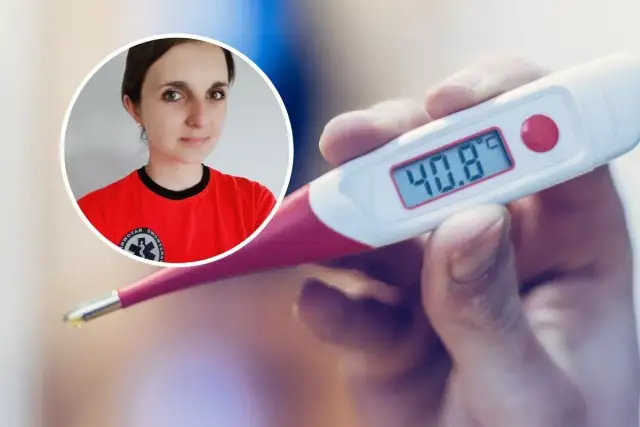 Kobieta w czerwonej koszulce i termometr pokazujący 40.8°C.