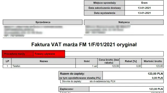 Faktura VAT marża co oznacza dla kupującego: zakup używanego telefonu za 123 zł. Brak naliczonego VAT.