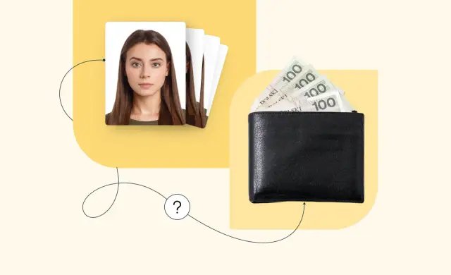 Zdjęcie portretowe kobiety obok portfela z polskimi banknotami 100 zł.