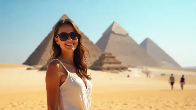 Uśmiechnięta turystka w okularach przeciwsłonecznych na tle piramid. Czy Egipt jest bezpieczny dla turystów? Tak, wygląda na to, że tak!