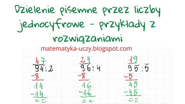 Pisemne dzielenie przez liczby jednocyfrowe - przykłady z rozwiązaniami. 94:2=47, 96:4=24, 95:5=19.