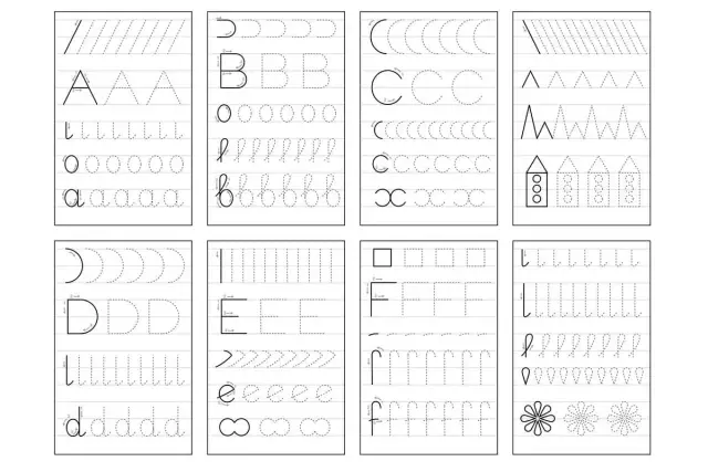 Zestaw ćwiczeń do nauki pisania liter drukowanych: A, B, C, D, E, F, a, b, c, d, e, f. Dzieci ćwiczą pisanie kształtów i liter.