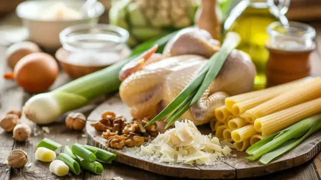 Makaron z porem i kurczakiem - Przepis na smaczny makaron z mięsem