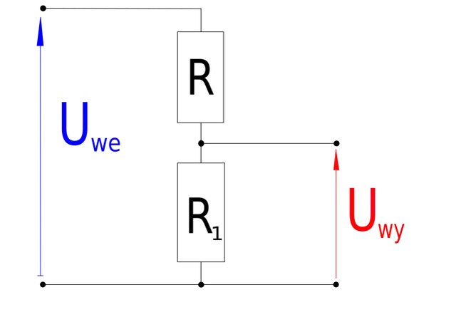Schematyczny podział napięcia: Uwe (niebieskie) i Uwy (czerwone). Dzielnik napięcia wzór.