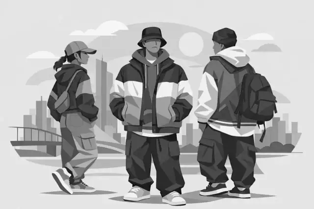 Trzy osoby w miejskiej scenerii, ubrane w luźne bluzy, kurtki i spodnie cargo. To właśnie streetwear – styl uliczny, który definiuje swobodę i indywidualność.