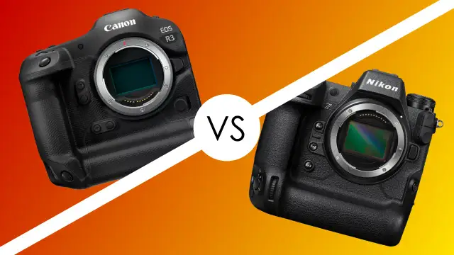 Dwa aparaty fotograficzne: Canon EOS R3 i Nikon Z, z widocznym sensorem.