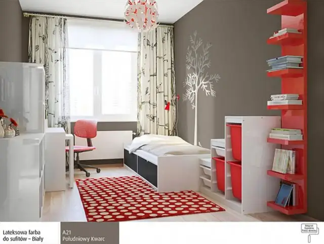 Pokój młodzieżowy dla chłopaka: szare ściany, białe meble, czerwone dodatki. Idealne kolory do pokoju młodzieżowego dla chłopaka, tworzące dynamiczną przestrzeń.