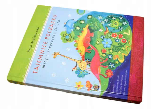 Okładka książki "Tajemnice Początku: mity o stworzeniu świata" z kolorowymi zwierzętami i roślinami.