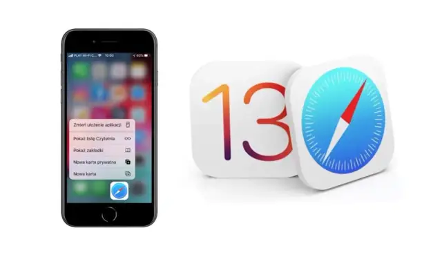 Ikona Safari na iPhonie z menu opcji i logo iOS 13. Dowiedz się, jak zaktualizować Safari.