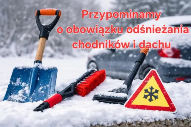 Łopata, szczotka i znak ostrzegawczy przed oblodzeniem na śniegu.