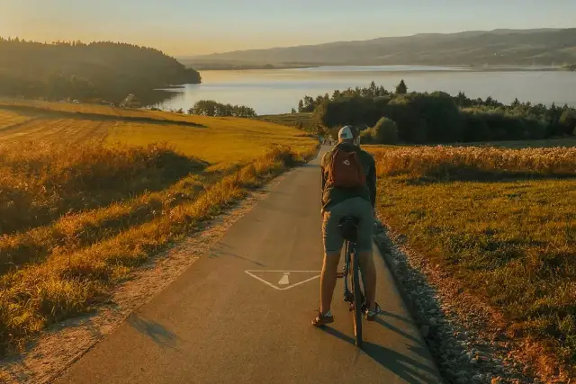 Rowerzysta na ścieżce rowerowej nad jeziorem w promieniach zachodzącego słońca.