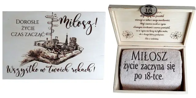 Drewniana tablica i skrzynka z ręcznikiem dla Miłosza na 18 urodziny. To idealny prezent, co daje chrzestny na 18 urodziny, by rozpocząć dorosłe życie.