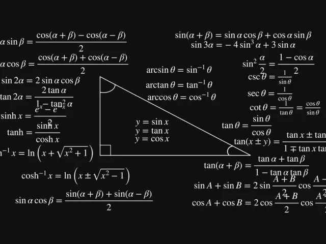 Matematyczne wzory trygonometryczne i hiperboliczne na czarnym tle, z zaznaczonym trójkątem prostokątnym.