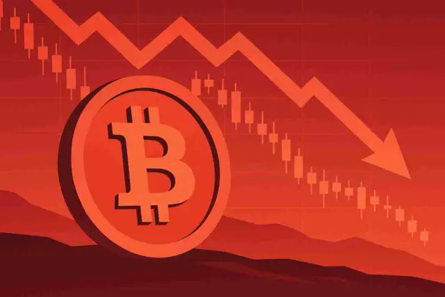 Symbol bitcoina na tle wykresu świecowego z czerwoną strzałką w dół. To wizualizacja tego, dlaczego kryptowaluty spadają.