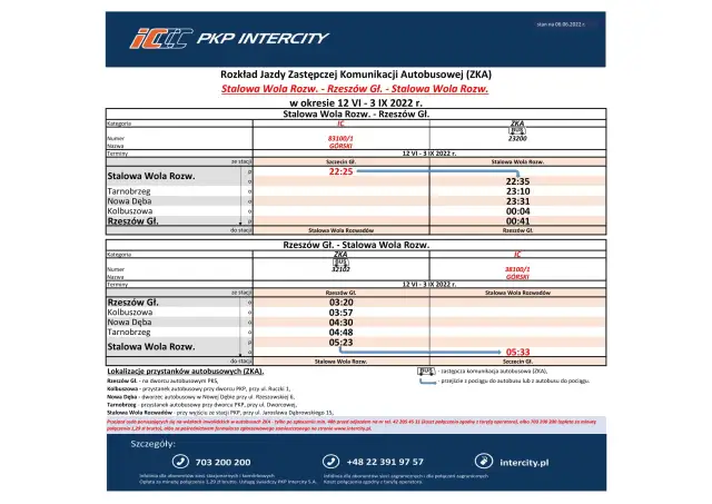 Rozkład jazdy PKP Rzeszów - Stalowa Wola Rozw. i Rzeszów Gł. - Stalowa Wola Rozw. z komunikacją zastępczą autobusową (ZKA) na okres 12 VI - 3 IX 2022 r.