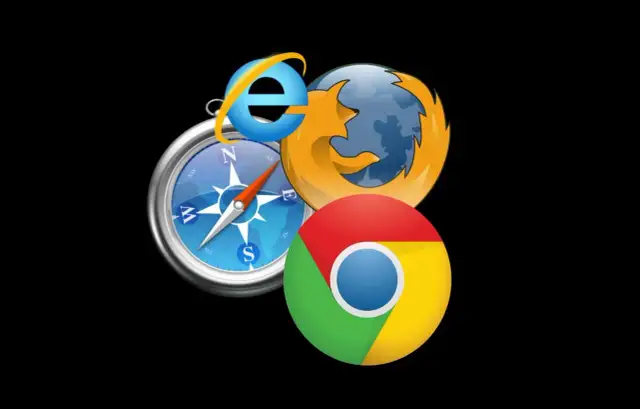 Ikony przeglądarek Internet Explorer, Firefox, Chrome i kompas na czarnym tle.
