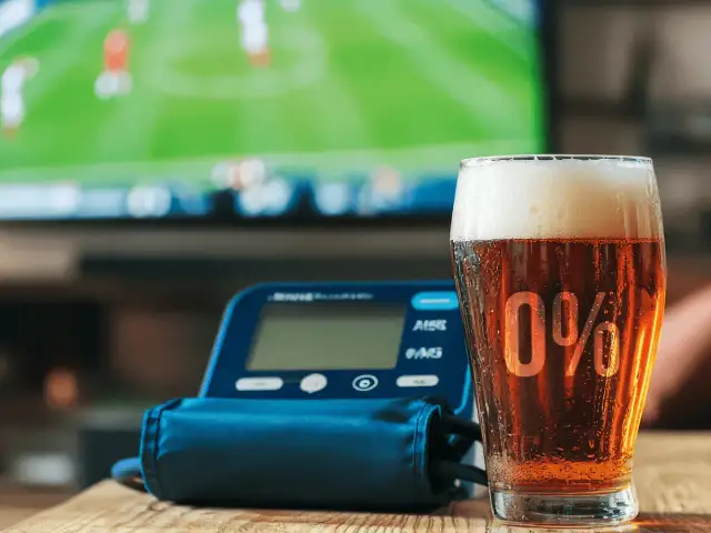 Szklanka piwa 0% i ciśnieniomierz na tle ekranu telewizora.