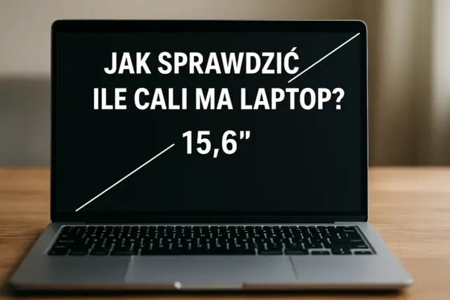 Laptop z ekranem 15,6 cala, na którym widnieje napis "Jak sprawdzić ile cali ma laptop?".