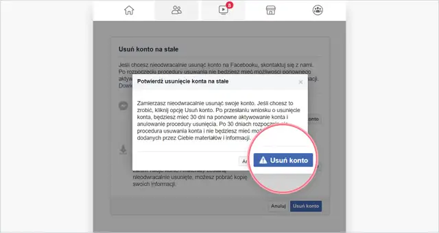 Okno dialogowe Facebook z przyciskiem "Usuń konto" i ostrzeżeniem.