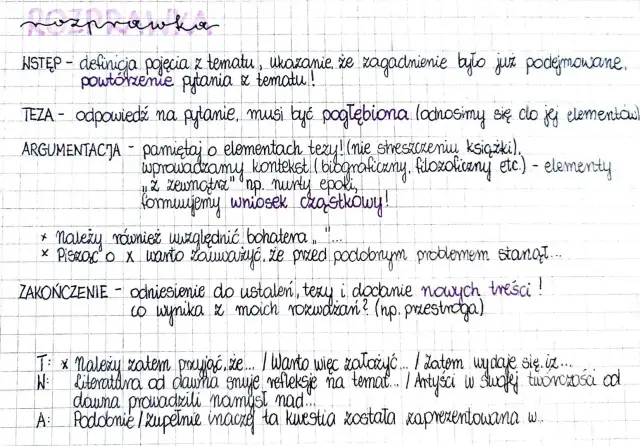 Ręcznie pisany tekst na kratkowanym papierze, przedstawiający strukturę rozprawki: wstęp, teza, argumentacja, zakończenie.