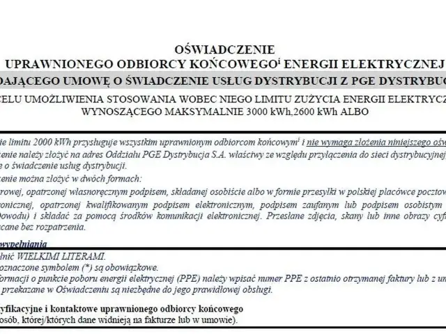 Oświadczenie uprawnionego odbiorcy końcowego energii elektrycznej dotyczące umowy o świadczenie usług dystrybucji z PGE Dystrybucja. Wniosek o przepisanie prądu PGE.