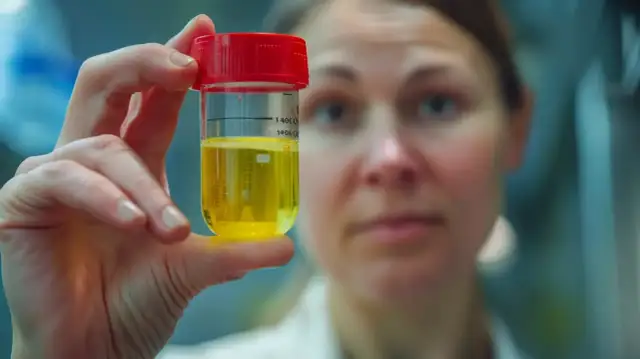 Naukowczyni analizuje próbkę moczu, szukając oznak infekcji, takich jak bakterie w moczu.