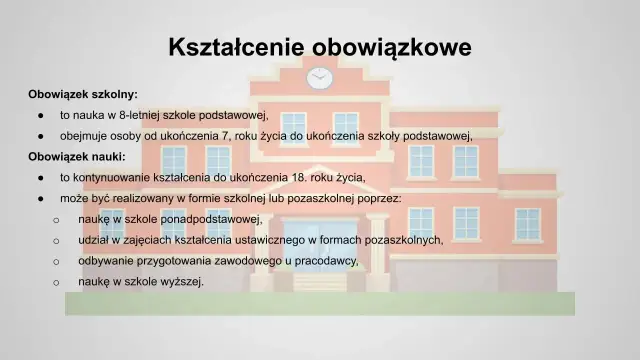 Ilustracja przedstawia budynek szkolny z tekstem "Kształcenie obowiązkowe".