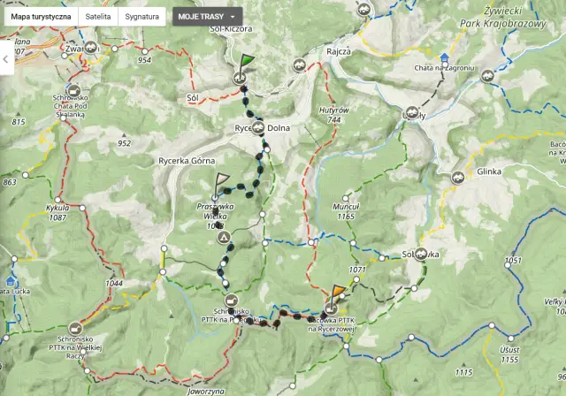 Mapa turystyczna Beskidu Żywieckiego z zaznaczoną trasą do bacówki na Rycerzowej.