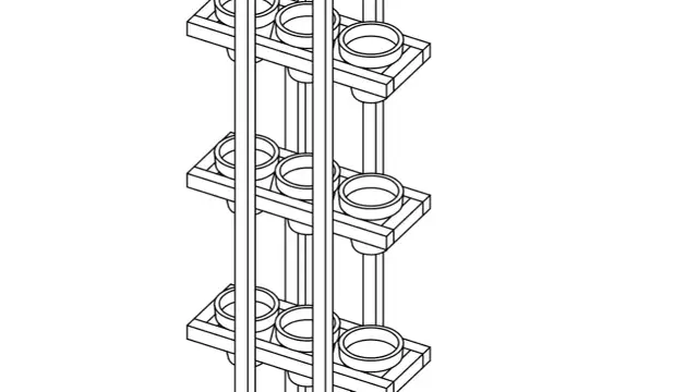 Ilustracja techniczna pionowego kwietnika z kilkoma półkami i doniczkami.