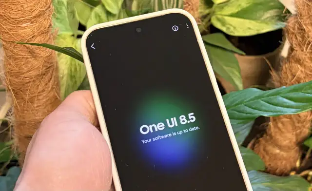 Telefon z One UI 8.5, informujący o aktualności oprogramowania, otoczony zielenią roślin.