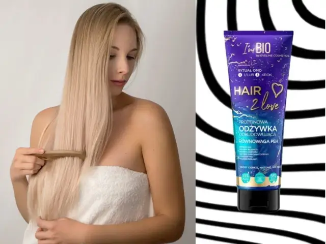 Blondynka czesze długie włosy. Obok tubka odżywki proteinowej odbudowującej, idealnej na włosy cienkie i matowe.