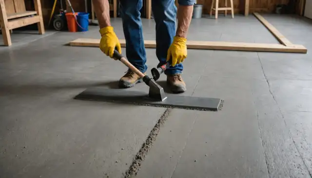 Pracownik w żółtych rękawicach używa narzędzia do wyrównania posadzki.