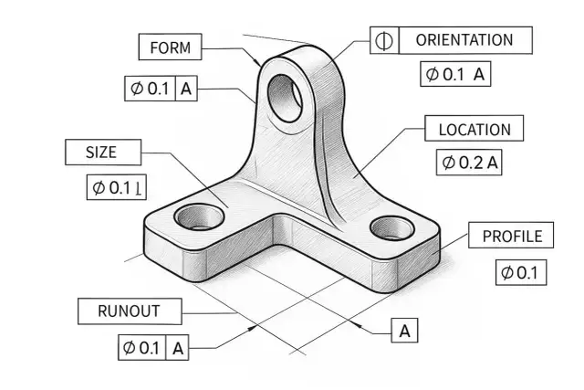 Rysunek techniczny z symbolami GD&T: FORM, SIZE, RUNOUT, ORIENTATION, LOCATION, PROFILE.