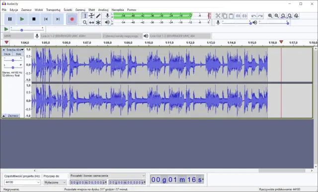 Audacity - program do nagrywania dźwięku, pokazuje dwie ścieżki audio z falami dźwiękowymi.
