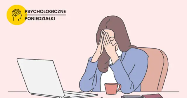 Kobieta z dłońmi na twarzy przy biurku z laptopem i kubkiem.